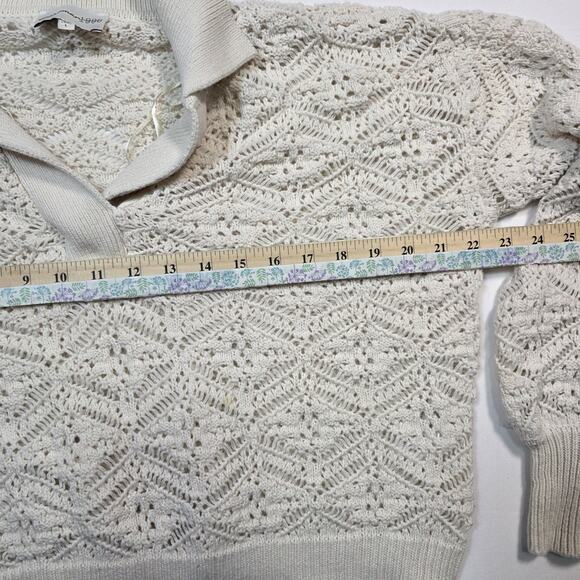 Freshman 1996 Crochet Polo Sweater L Open Knit Grannycore Cottage Boho Neutral - Picture 8 of 9